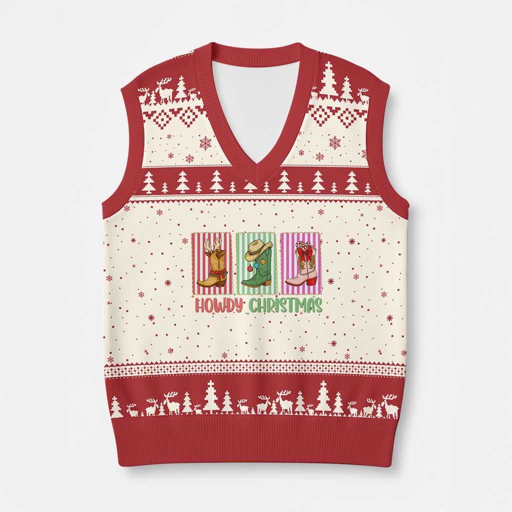 Howdy Christmas Cowboy Boots Western Pride V-Neck Knit Sweater Vest TS12 Beige Red Print Your Wear