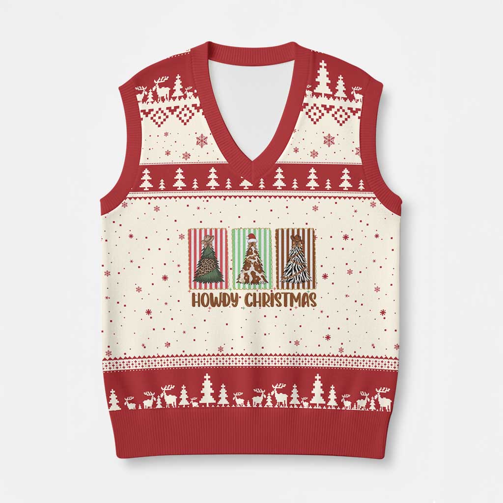 Howdy Xmas V-Neck Knit Sweater Vest Funny Western Xmas Tree Rodeo Fan Gift TS12 Beige Red Print Your Wear