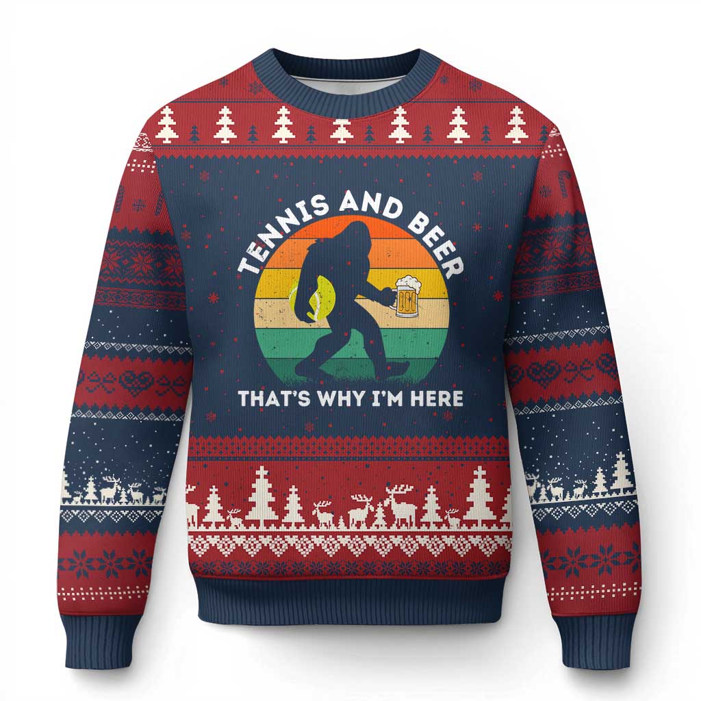 Funny Bigfoot Tennis Player Beer Lover Ugly Christmas Sweater That Is Why I Am Here TS12 Navy Red Print Your Wear
