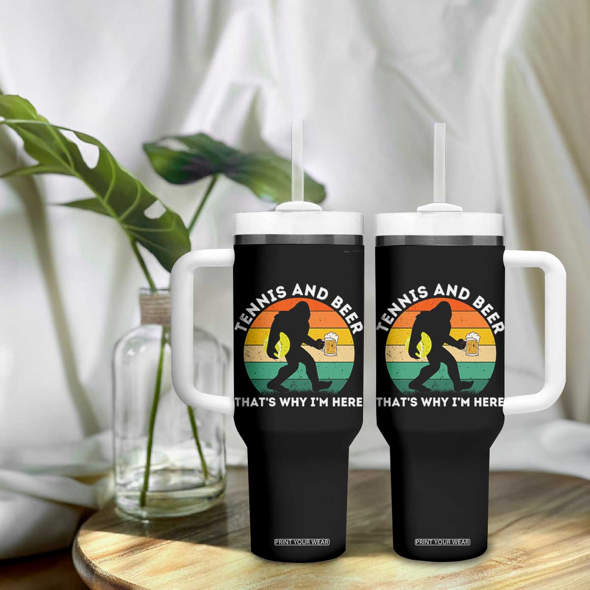 Funny Bigfoot Tennis Player Beer Lover Tumbler With Handle That Is Why I Am Here TS12 Print Your Wear