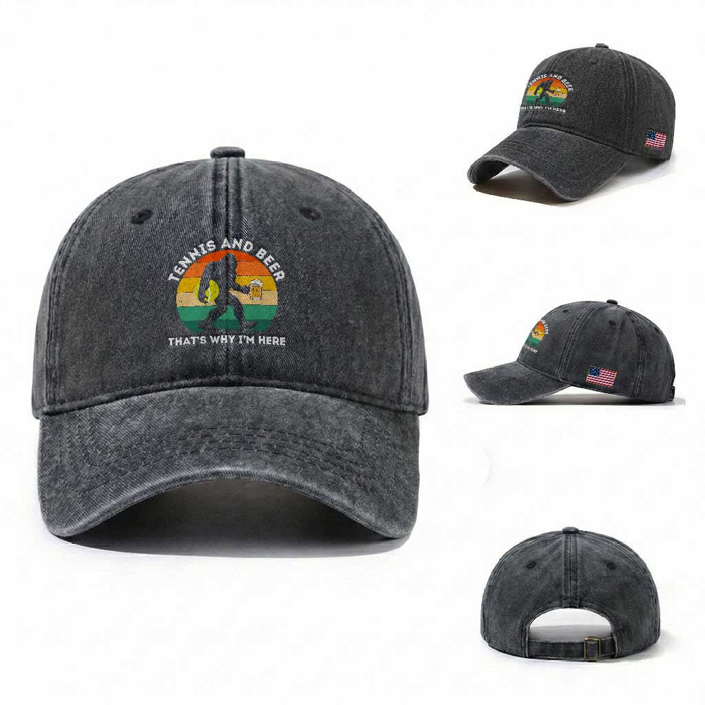 Funny Bigfoot Tennis Player Beer Lover Washed Cotton Baseball Cap That Is Why I Am Here TS12 Washed Cap Universal Fit Dark Gray Print Your Wear