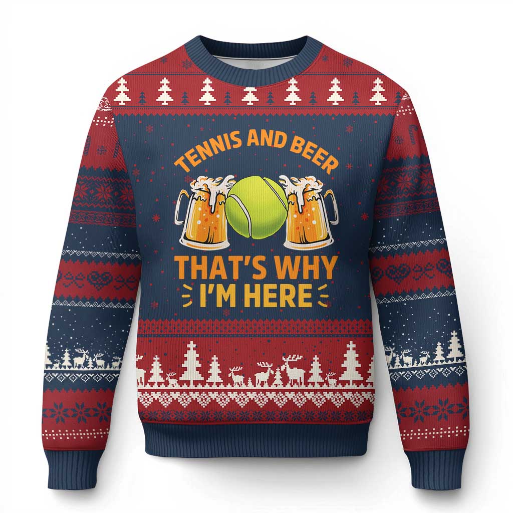 Tennis And Beer That Is Why I Am Here Ugly Christmas Sweater Funny Tennis Player Gift TS12 Navy Red Print Your Wear