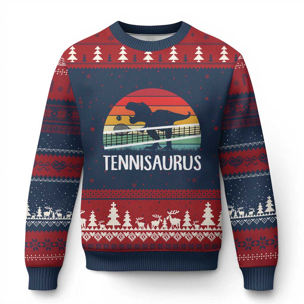Funny Dinosaur Tennis Player Gift Ugly Christmas Sweater Tennisaurus TS12 Navy Red Print Your Wear