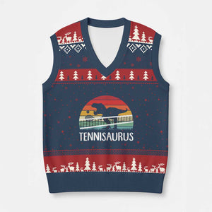 Funny Dinosaur Tennis Player Gift V-Neck Knit Sweater Vest Tennisaurus TS12 Navy Red Print Your Wear