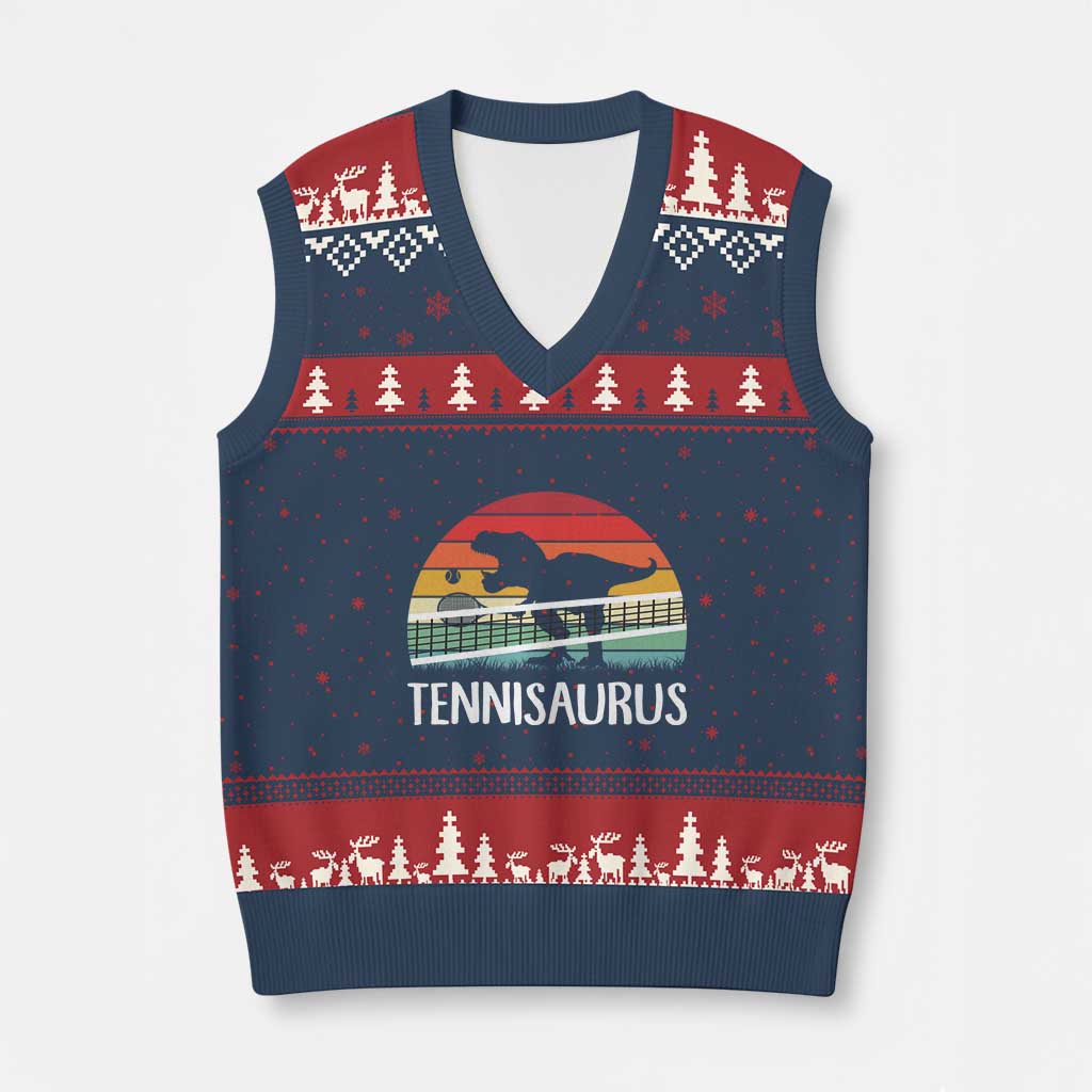 Funny Dinosaur Tennis Player Gift V-Neck Knit Sweater Vest Tennisaurus TS12 Navy Red Print Your Wear