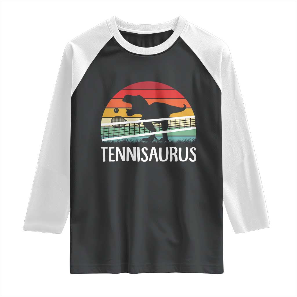 Funny Dinosaur Tennis Player Gift Raglan Shirt Tennisaurus TS12 Black White Print Your Wear