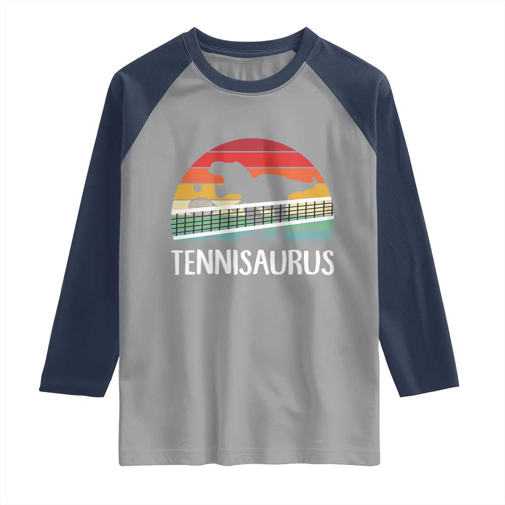 Funny Dinosaur Tennis Player Gift Raglan Shirt Tennisaurus TS12 Sport Gray Navy Print Your Wear