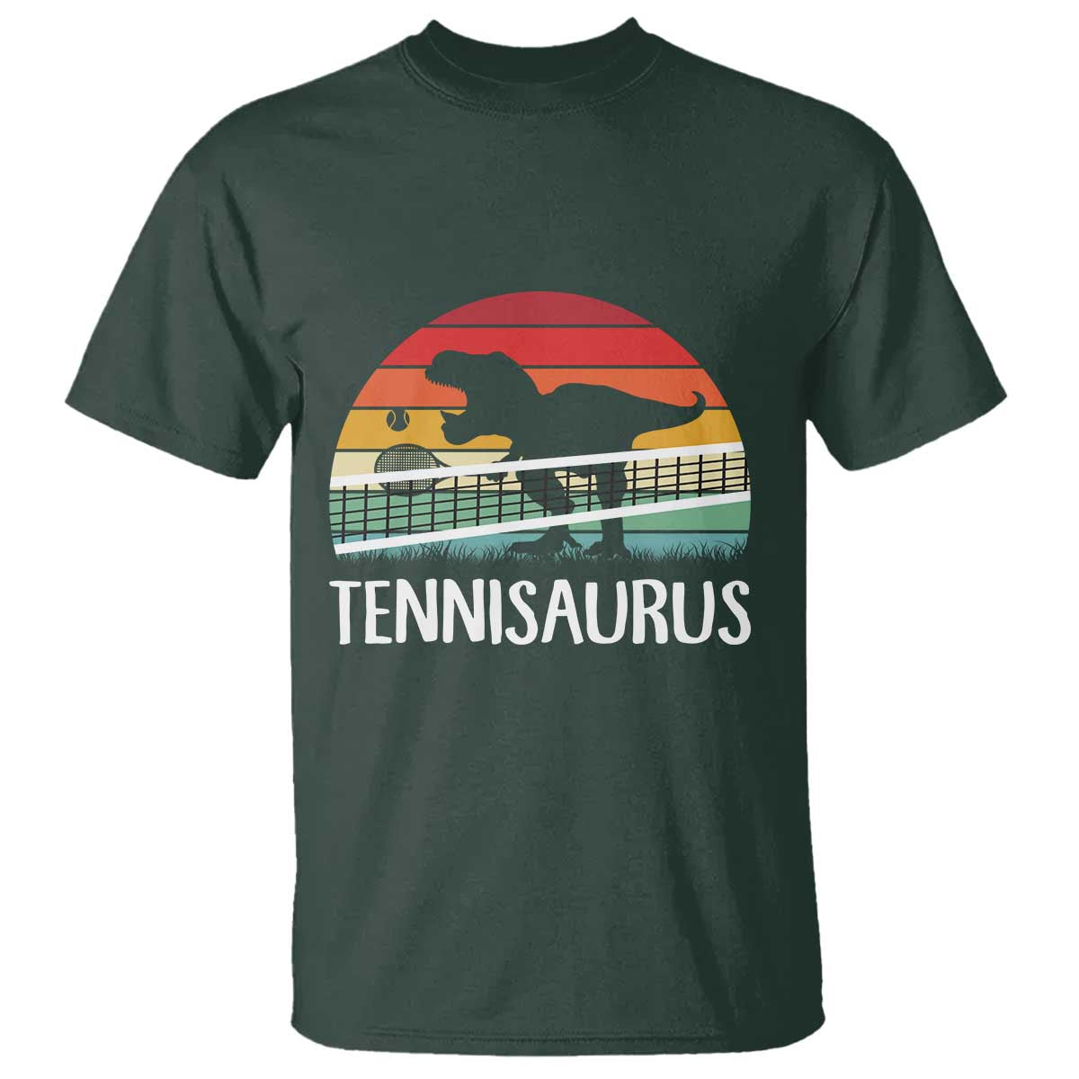 Funny Dinosaur Tennis Player Gift T Shirt Tennisaurus TS12 Dark Forest Green Print Your Wear