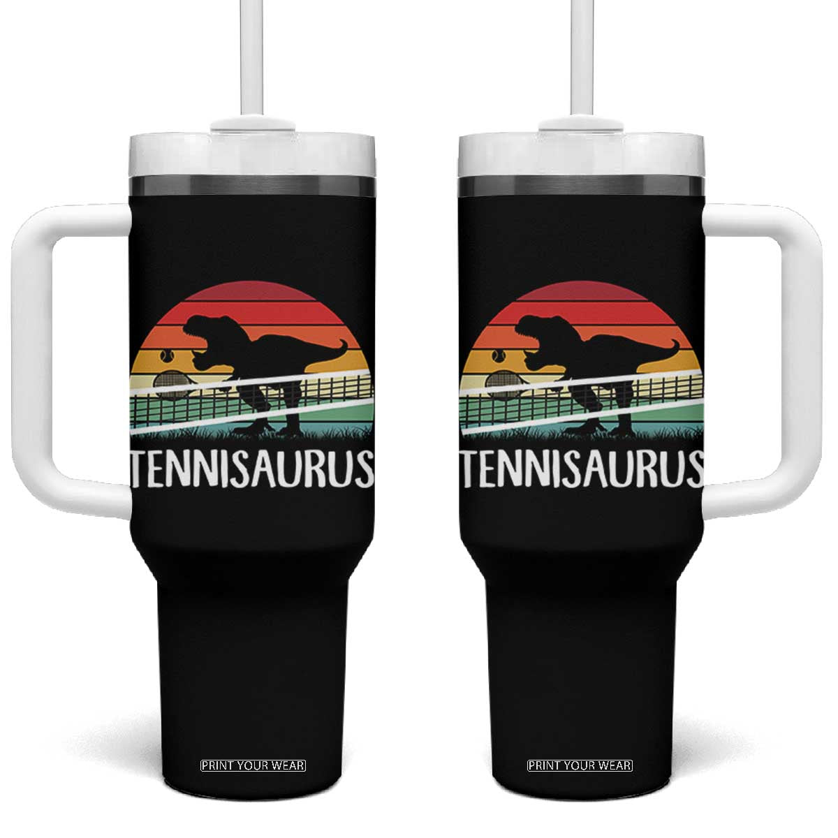 Funny Dinosaur Tennis Player Gift Tumbler With Handle Tennisaurus TS12 One Size: 40 oz Black Print Your Wear