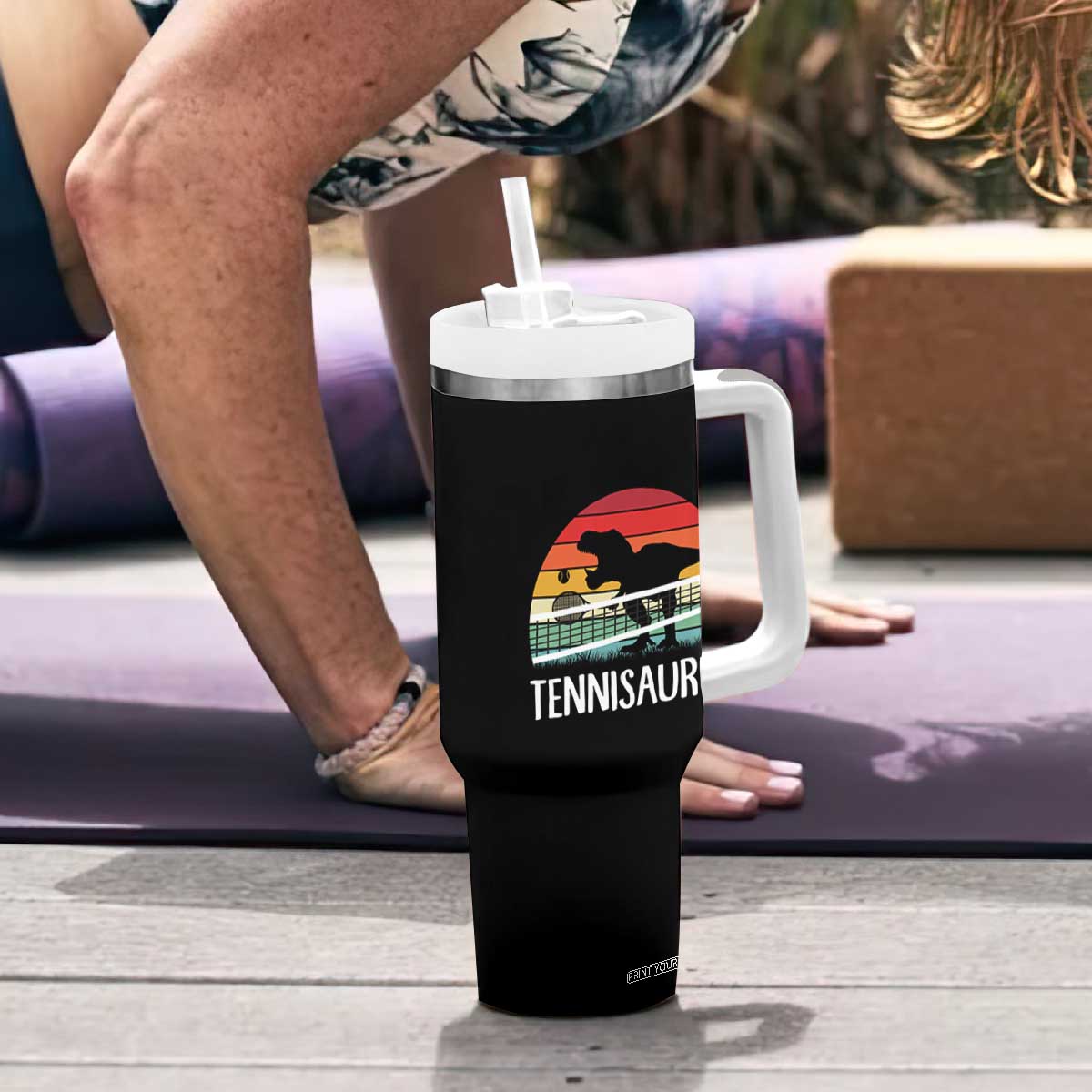 Funny Dinosaur Tennis Player Gift Tumbler With Handle Tennisaurus TS12 Print Your Wear