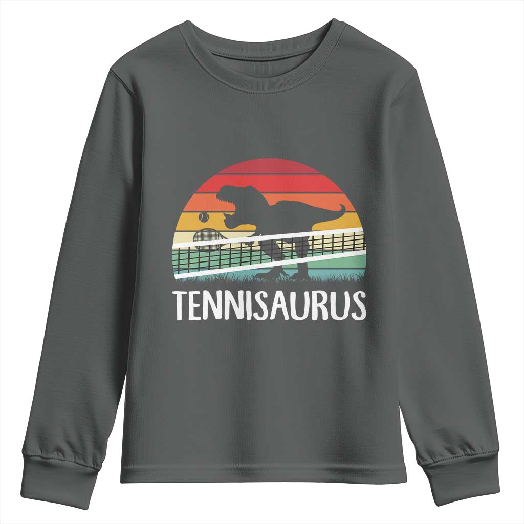 Funny Dinosaur Tennis Player Gift Youth Sweatshirt Tennisaurus TS12 Dark Heather Print Your Wear