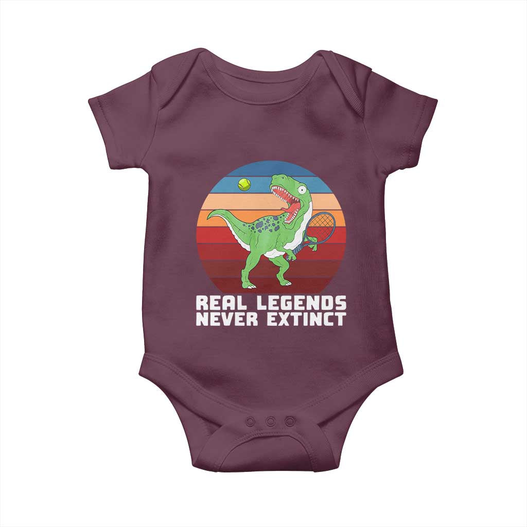 Retro Dinosaur Tennis Player Baby Onesie Real Legends Never Extinct TS12 Maroon Print Your Wear