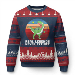 Retro Dinosaur Tennis Player Ugly Christmas Sweater Real Legends Never Extinct TS12 Navy Red Print Your Wear