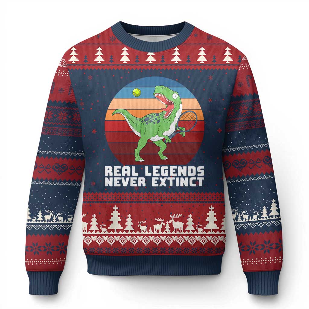 Retro Dinosaur Tennis Player Ugly Christmas Sweater Real Legends Never Extinct TS12 Navy Red Print Your Wear