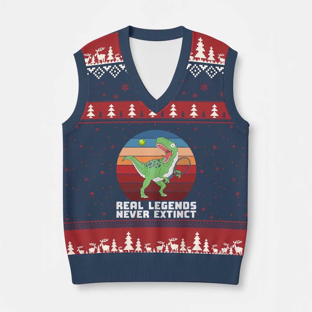 Retro Dinosaur Tennis Player V-Neck Knit Sweater Vest Real Legends Never Extinct TS12 Navy Red Print Your Wear