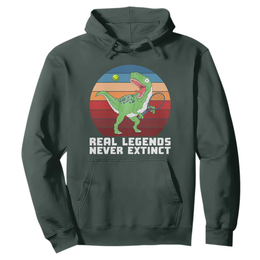 Retro Dinosaur Tennis Player Hoodie Real Legends Never Extinct TS12 Dark Forest Green Print Your Wear