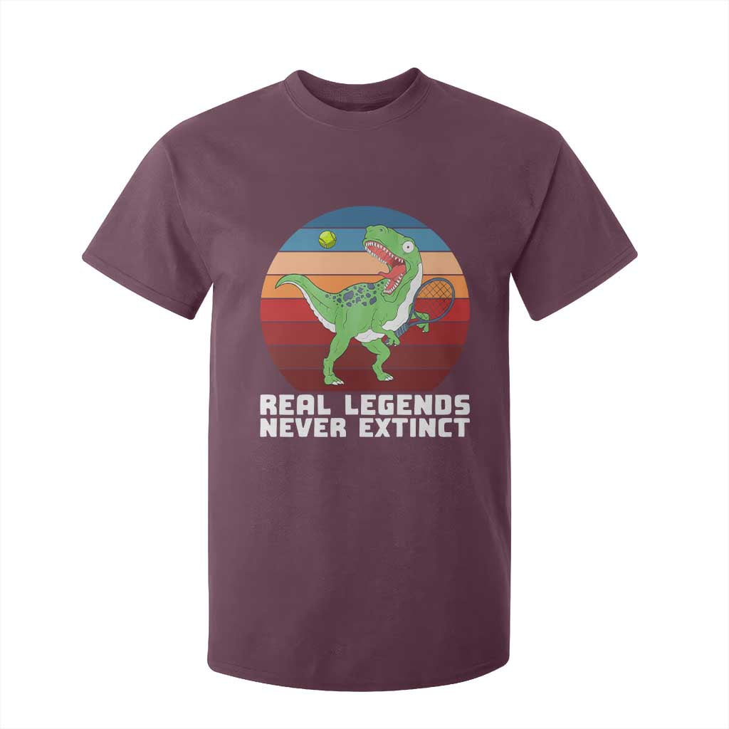 Retro Dinosaur Tennis Player T Shirt For Kid Real Legends Never Extinct TS12 Maroon Print Your Wear
