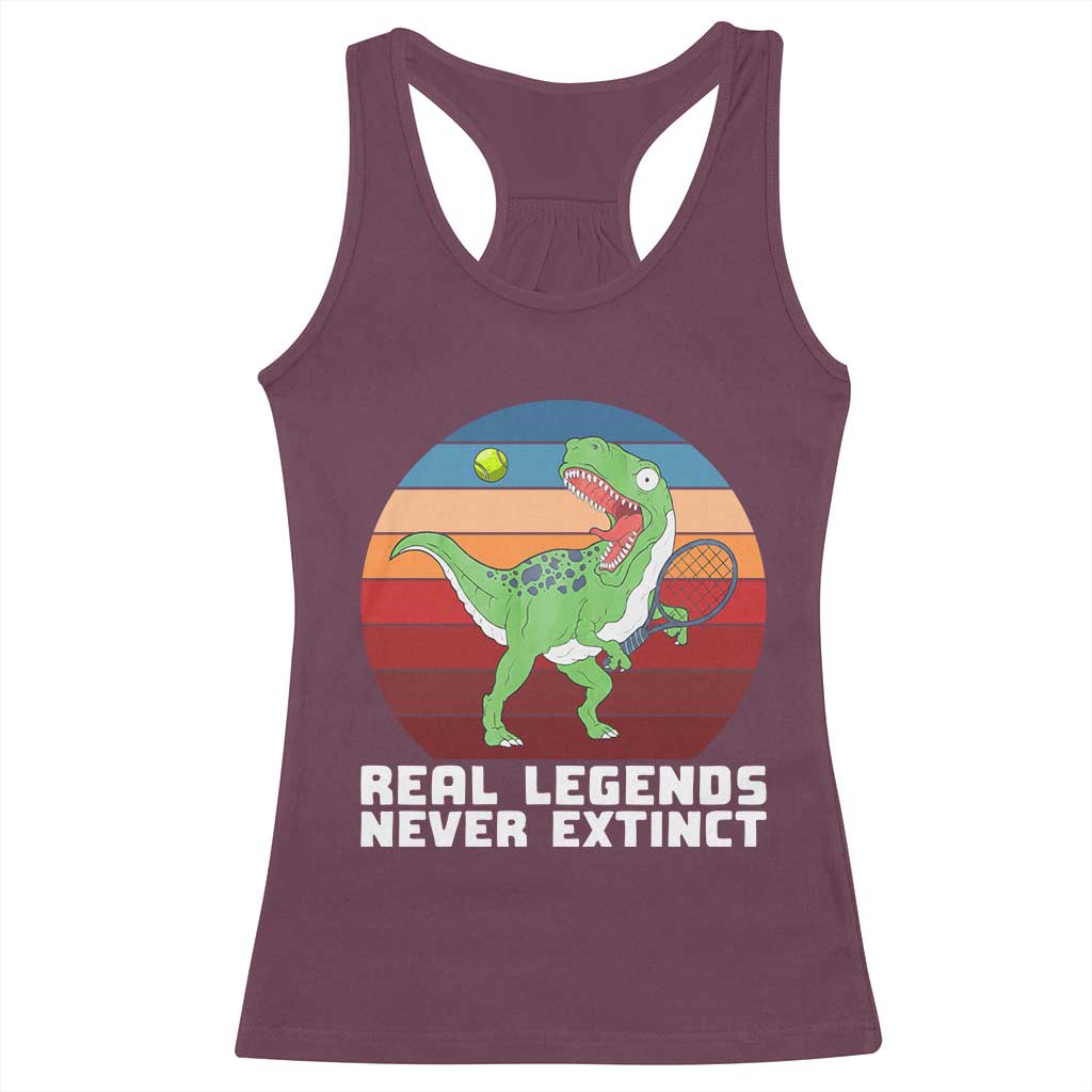 Retro Dinosaur Tennis Player Racerback Tank Top Real Legends Never Extinct TS12 Maroon Print Your Wear