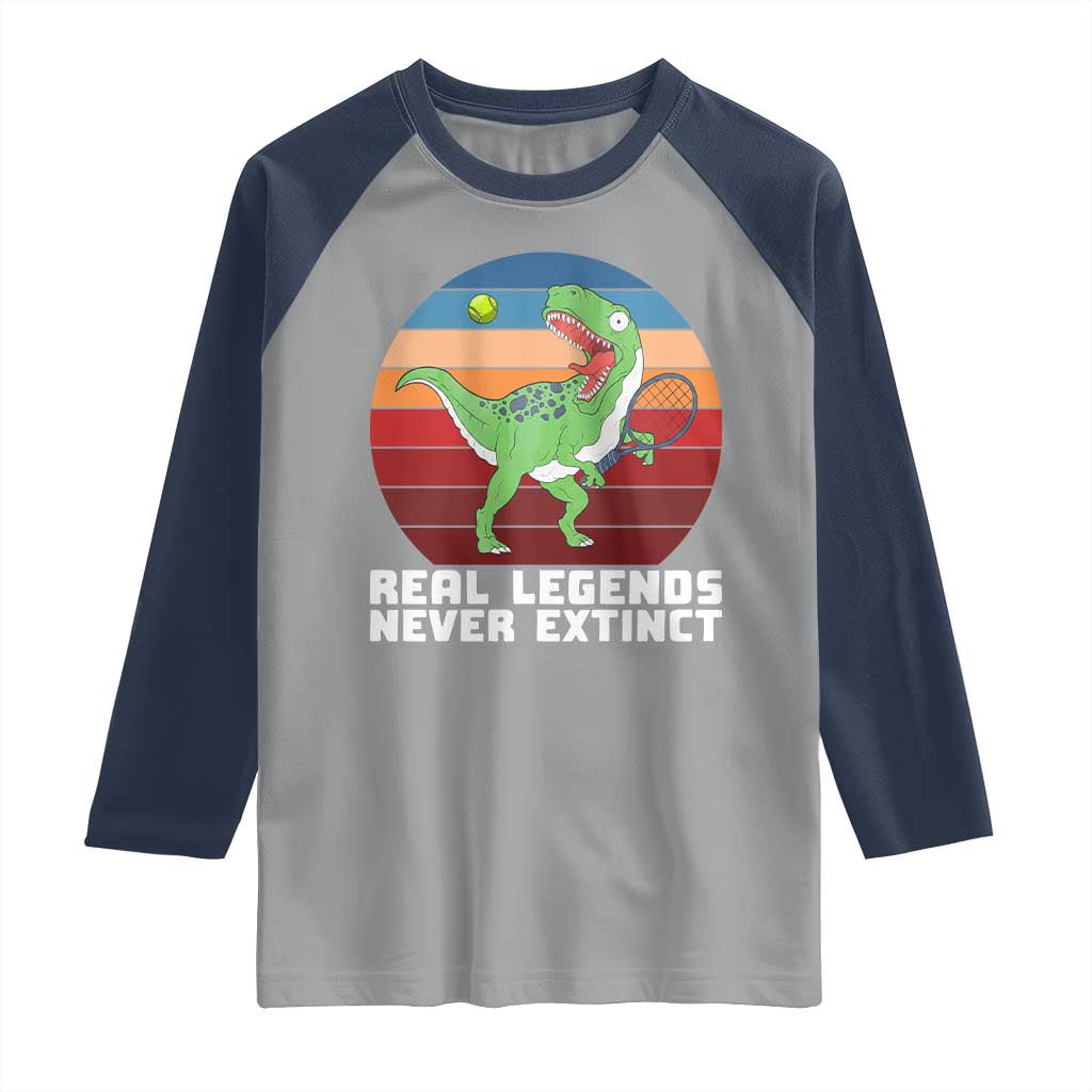 Retro Dinosaur Tennis Player Raglan Shirt Real Legends Never Extinct TS12 Sport Gray Navy Print Your Wear