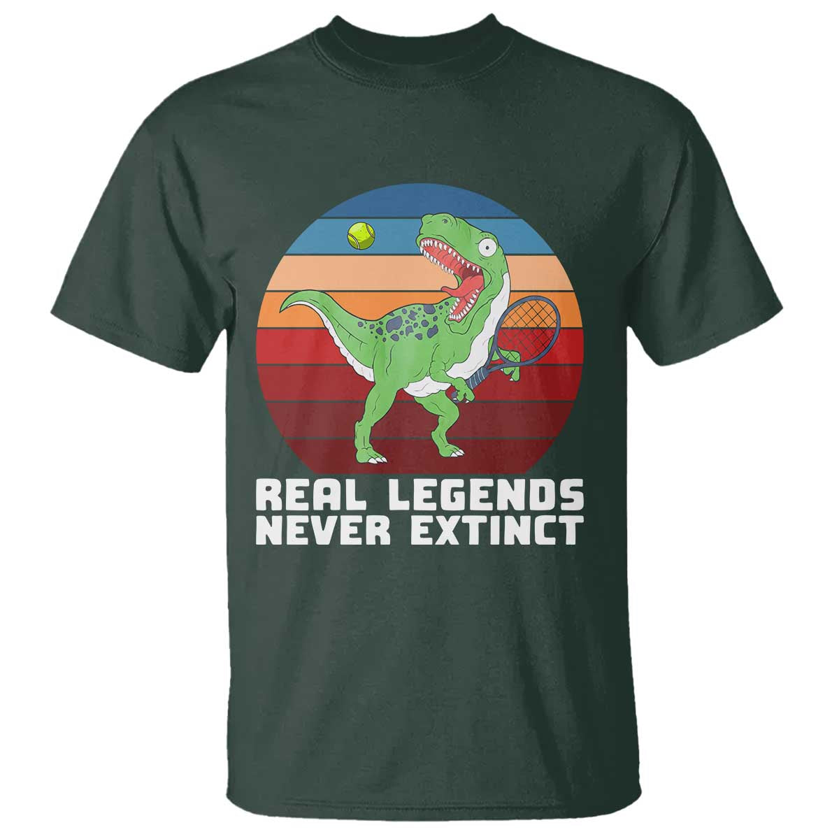 Retro Dinosaur Tennis Player T Shirt Real Legends Never Extinct TS12 Dark Forest Green Print Your Wear
