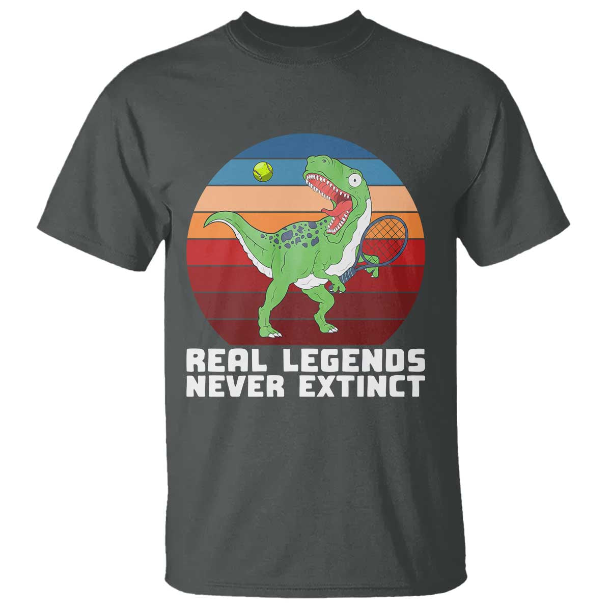 Retro Dinosaur Tennis Player T Shirt Real Legends Never Extinct TS12 Dark Heather Print Your Wear
