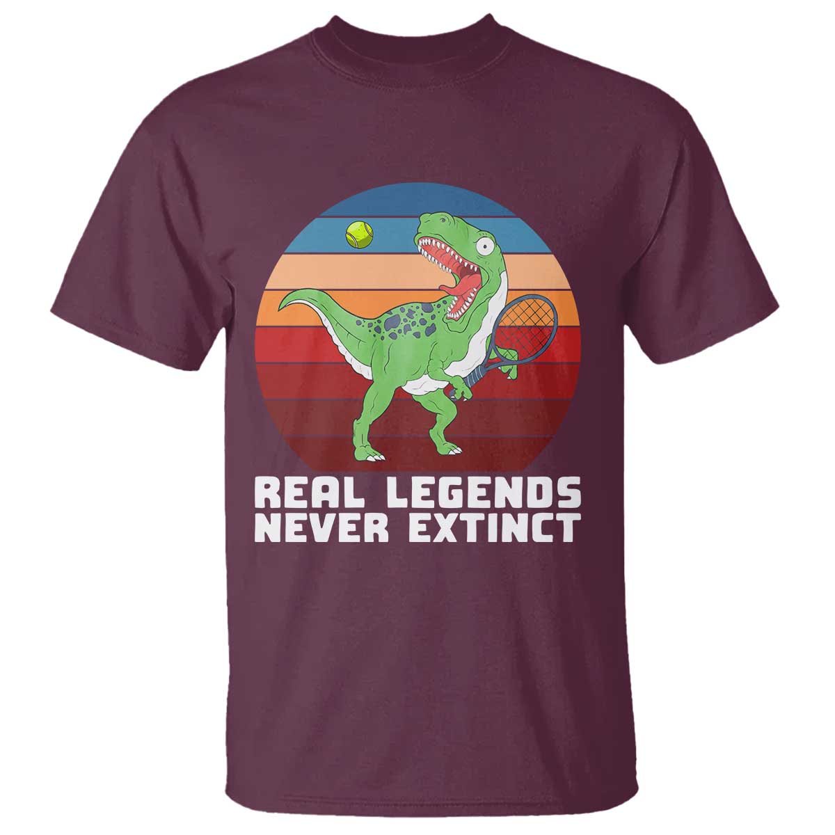 Retro Dinosaur Tennis Player T Shirt Real Legends Never Extinct TS12 Maroon Print Your Wear