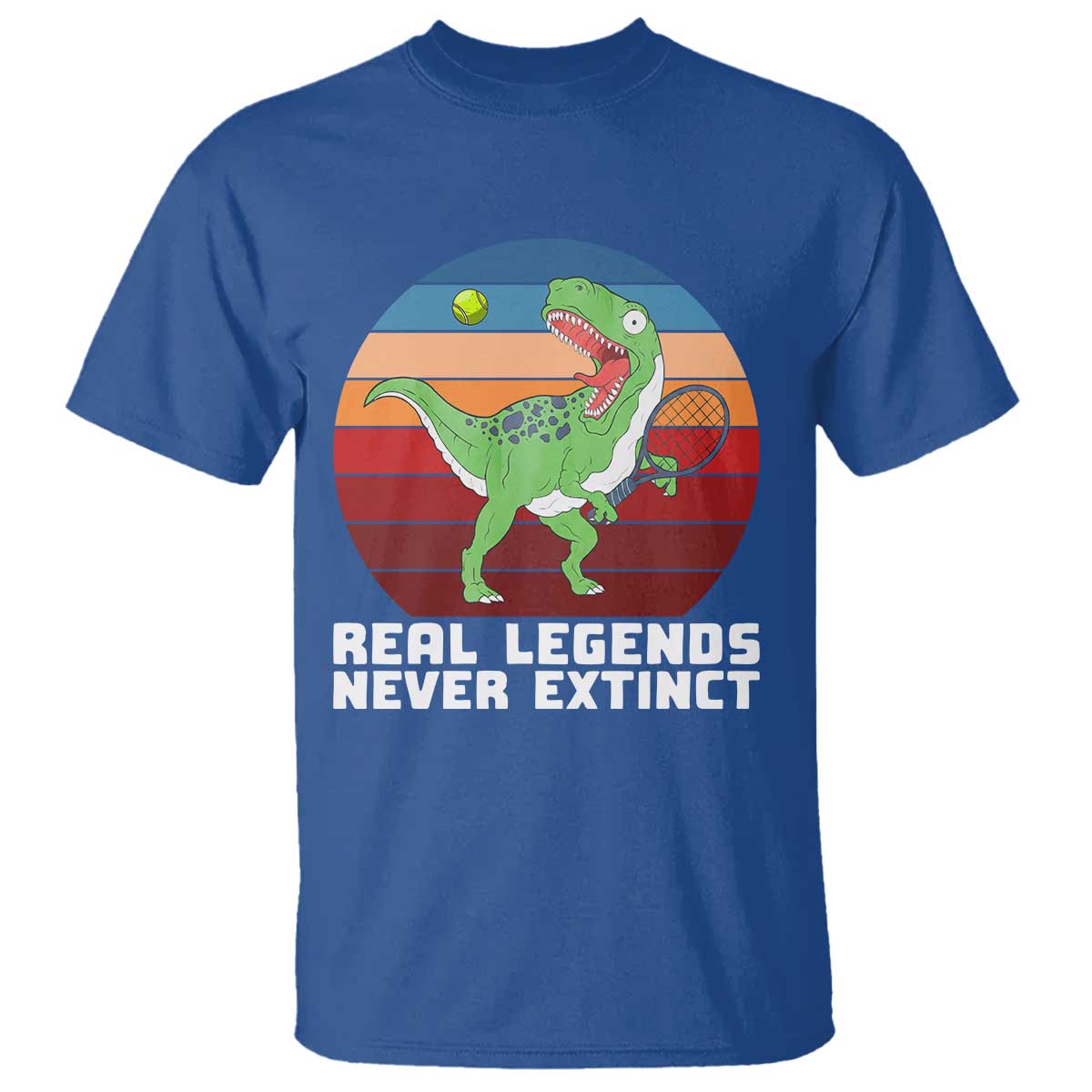 Retro Dinosaur Tennis Player T Shirt Real Legends Never Extinct TS12 Royal Blue Print Your Wear