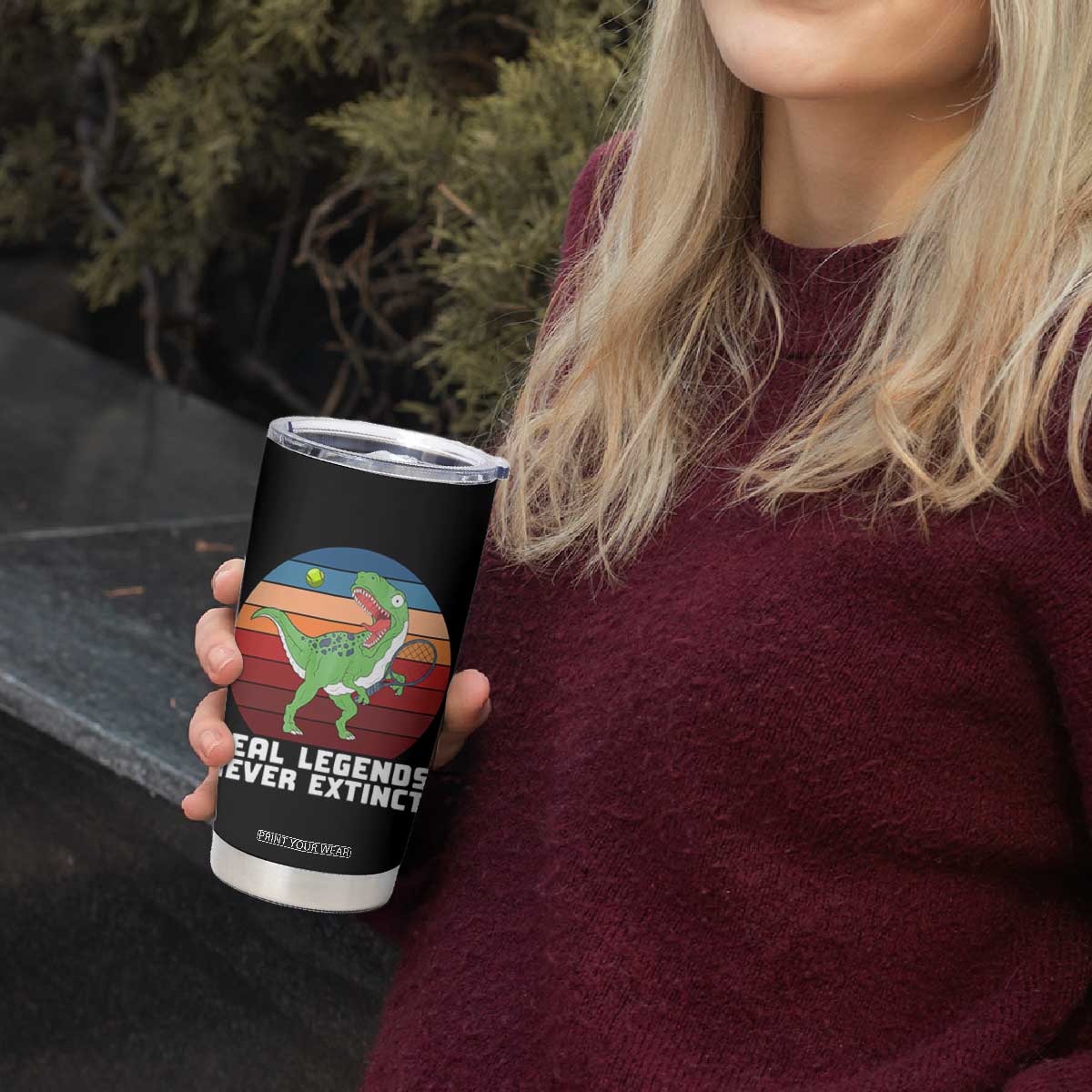 Retro Dinosaur Tennis Player Tumbler Cup Real Legends Never Extinct TS12 Print Your Wear