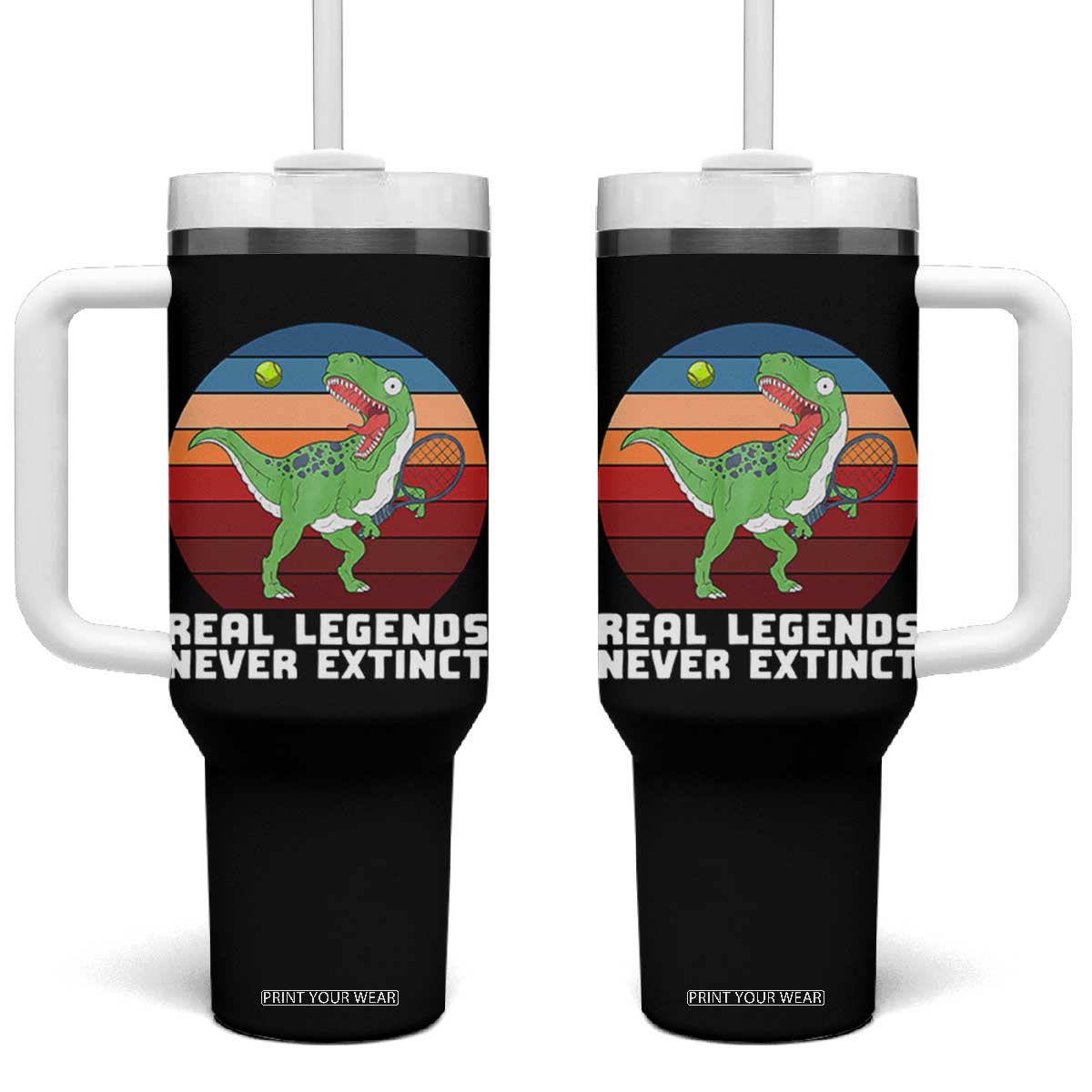 Retro Dinosaur Tennis Player Tumbler With Handle Real Legends Never Extinct TS12 One Size: 40 oz Black Print Your Wear