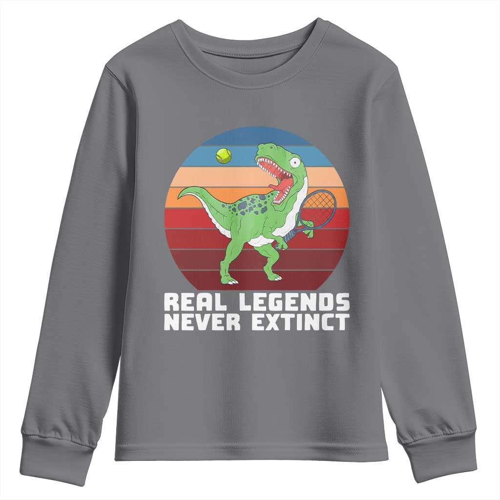 Retro Dinosaur Tennis Player Youth Sweatshirt Real Legends Never Extinct TS12 Charcoal Print Your Wear