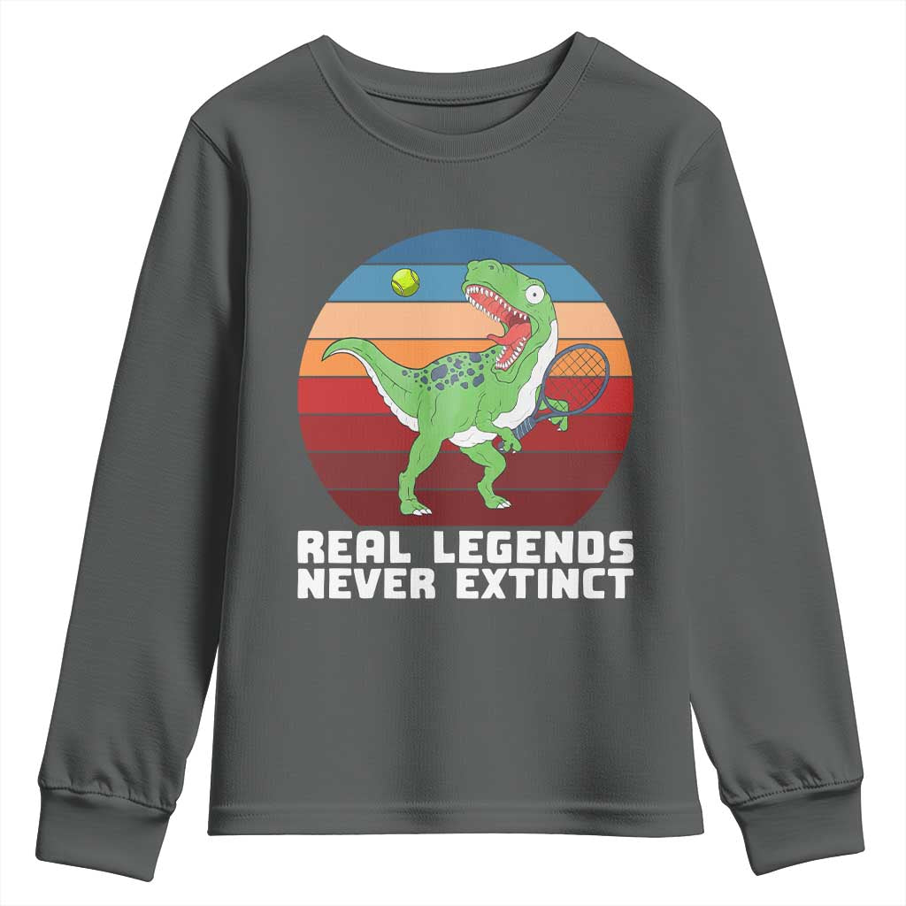 Retro Dinosaur Tennis Player Youth Sweatshirt Real Legends Never Extinct TS12 Dark Heather Print Your Wear