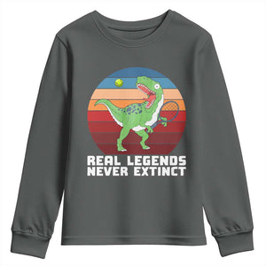 Retro Dinosaur Tennis Player Youth Sweatshirt Real Legends Never Extinct TS12 Dark Heather Print Your Wear
