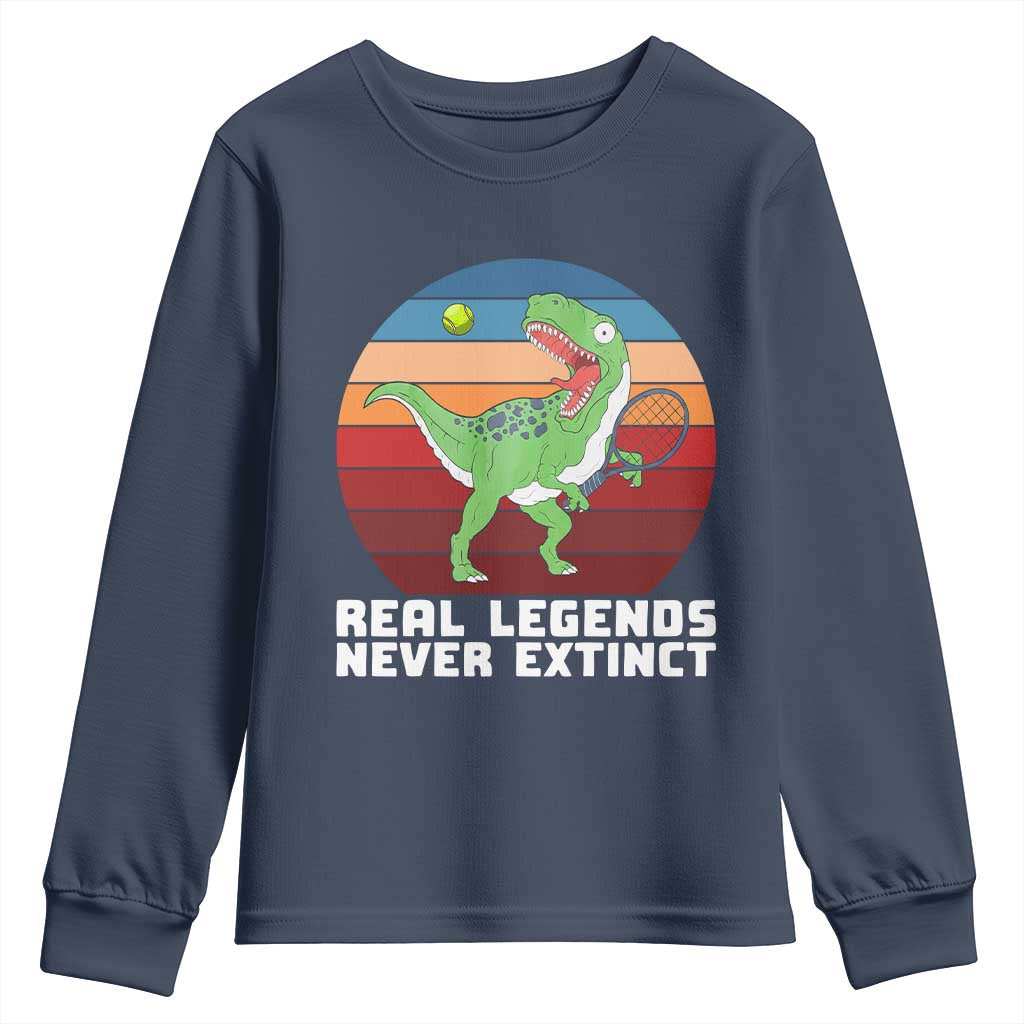 Retro Dinosaur Tennis Player Youth Sweatshirt Real Legends Never Extinct TS12 Navy Print Your Wear