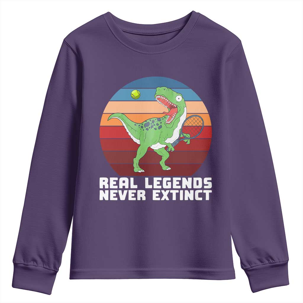 Retro Dinosaur Tennis Player Youth Sweatshirt Real Legends Never Extinct TS12 Purple Print Your Wear