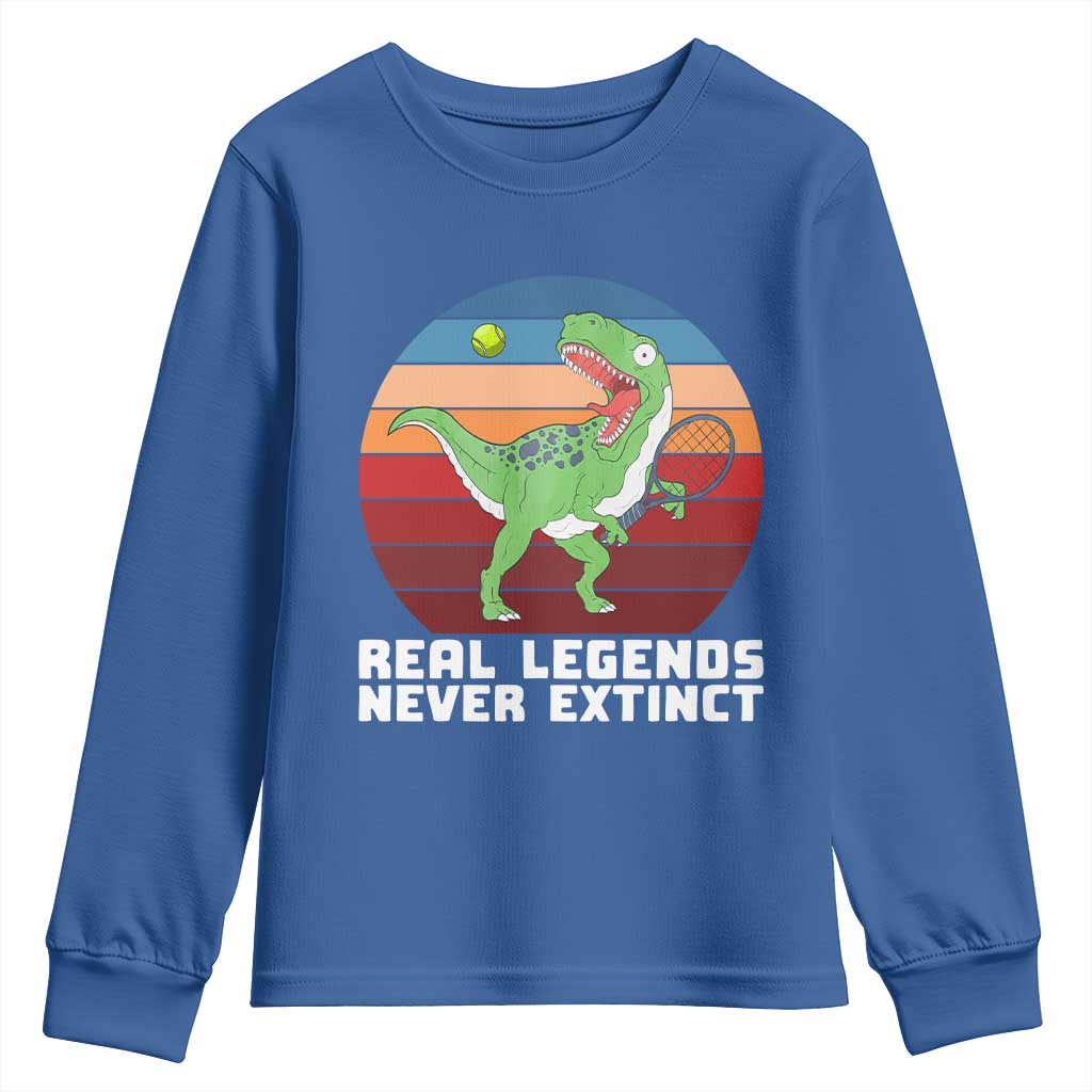 Retro Dinosaur Tennis Player Youth Sweatshirt Real Legends Never Extinct TS12 Royal Blue Print Your Wear