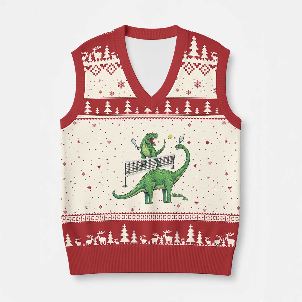 Funny Prehistoric Dinosaur Tennis Player Game Day V-Neck Knit Sweater Vest TS12 Beige Red Print Your Wear