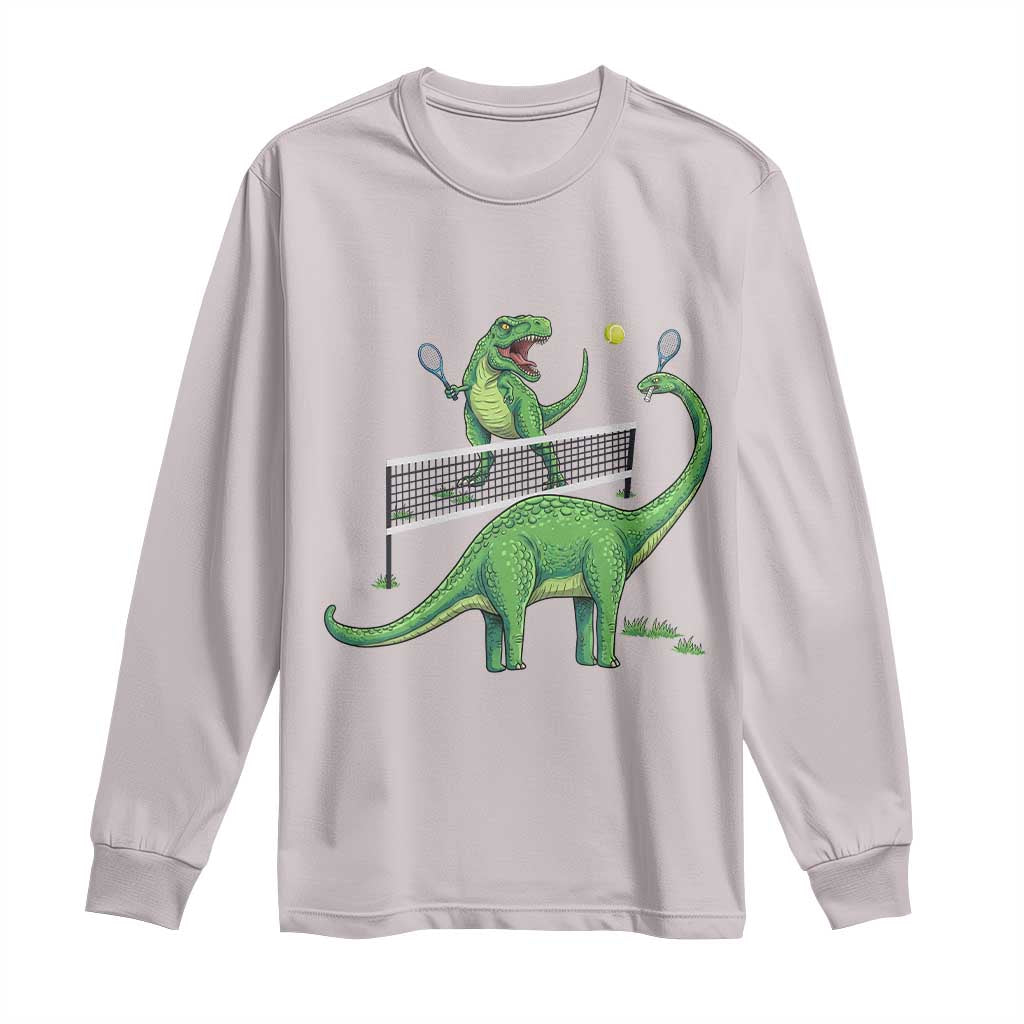 Funny Prehistoric Dinosaur Tennis Player Game Day Long Sleeve Shirt TS12 Ice Gray Print Your Wear
