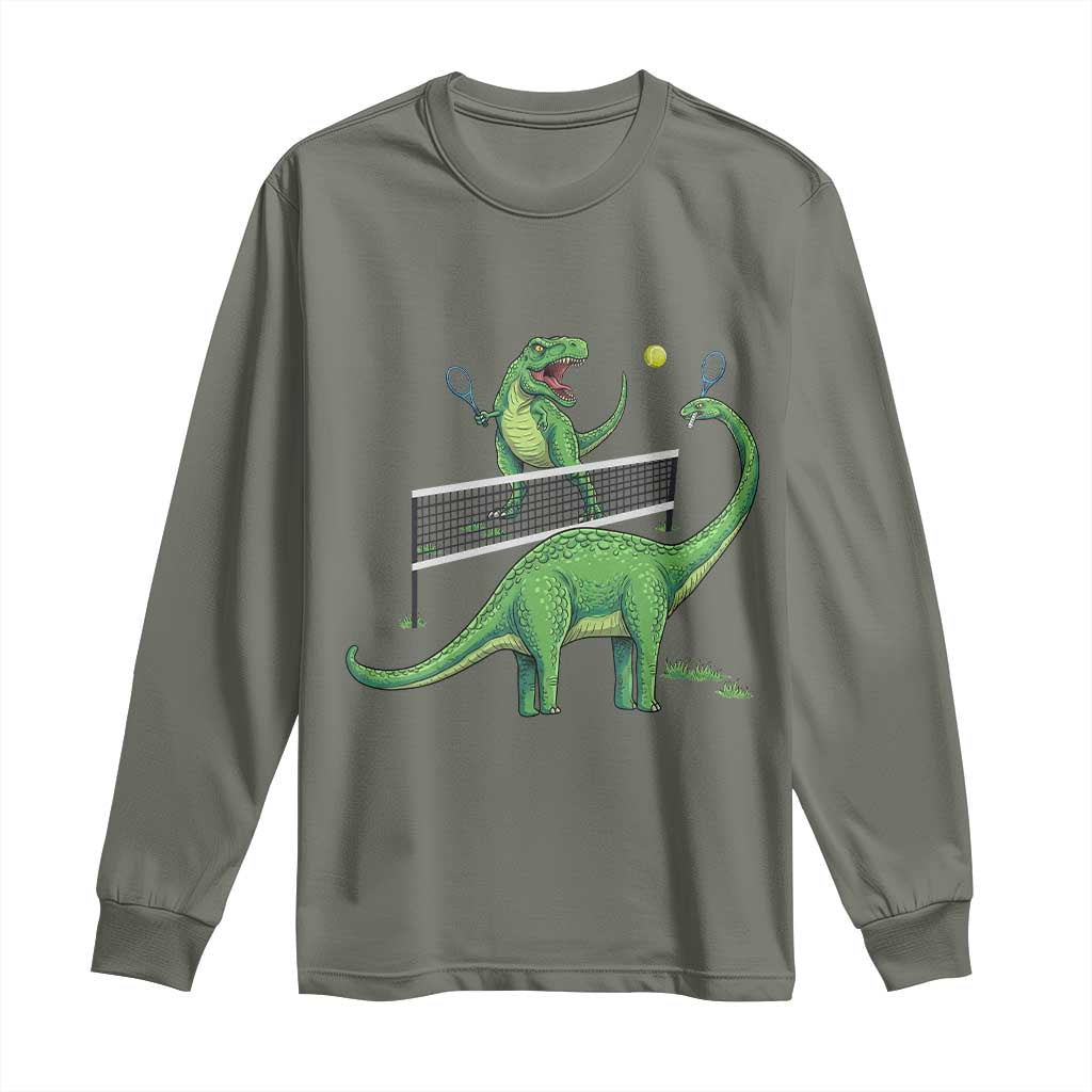 Funny Prehistoric Dinosaur Tennis Player Game Day Long Sleeve Shirt TS12 Military Green Print Your Wear
