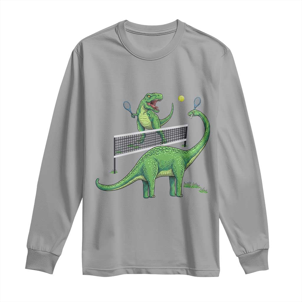 Funny Prehistoric Dinosaur Tennis Player Game Day Long Sleeve Shirt TS12 Sport Gray Print Your Wear