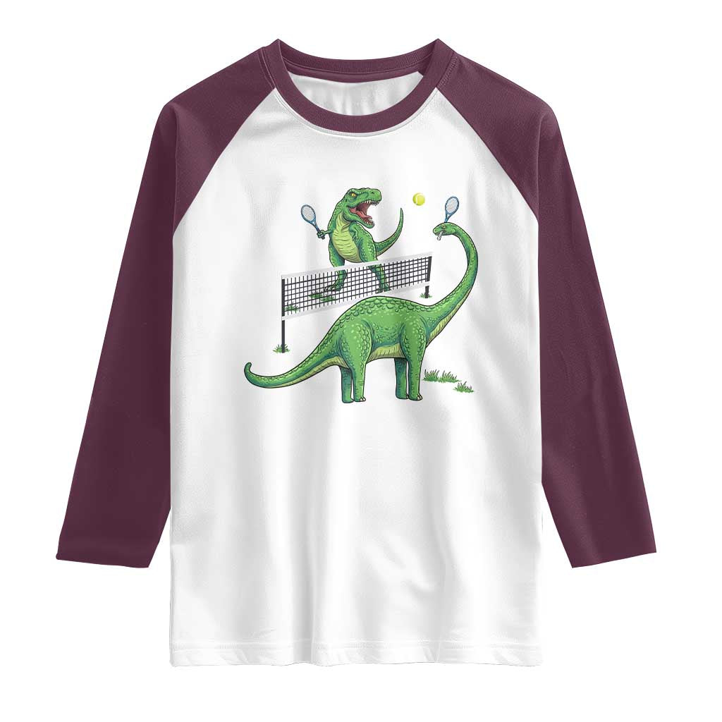 Funny Prehistoric Dinosaur Tennis Player Game Day Raglan Shirt TS12 White Maroon Print Your Wear
