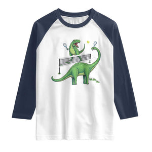 Funny Prehistoric Dinosaur Tennis Player Game Day Raglan Shirt TS12 White Navy Print Your Wear