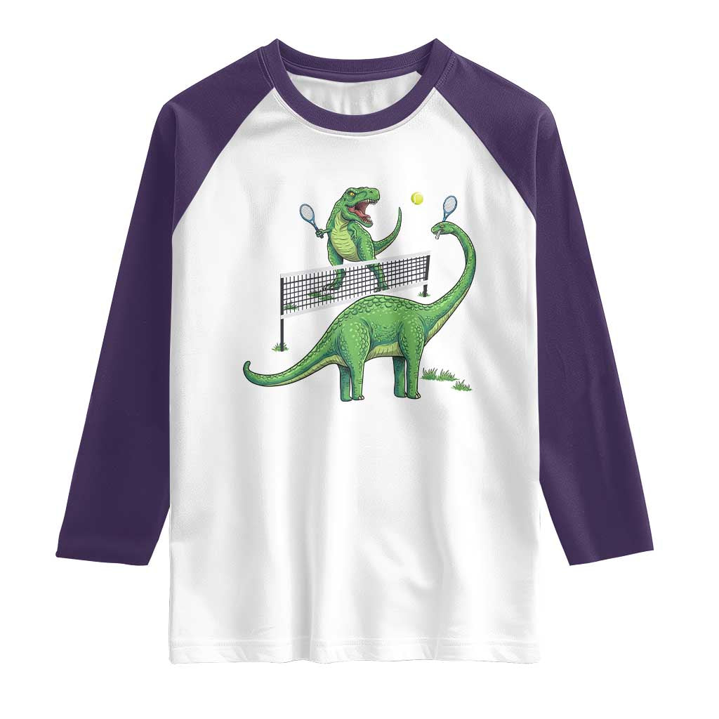 Funny Prehistoric Dinosaur Tennis Player Game Day Raglan Shirt TS12 White Purple Print Your Wear