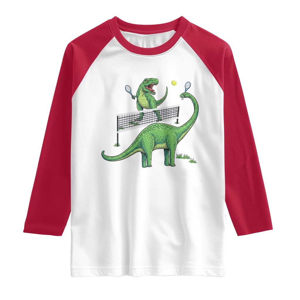 Funny Prehistoric Dinosaur Tennis Player Game Day Raglan Shirt TS12 White Red Print Your Wear