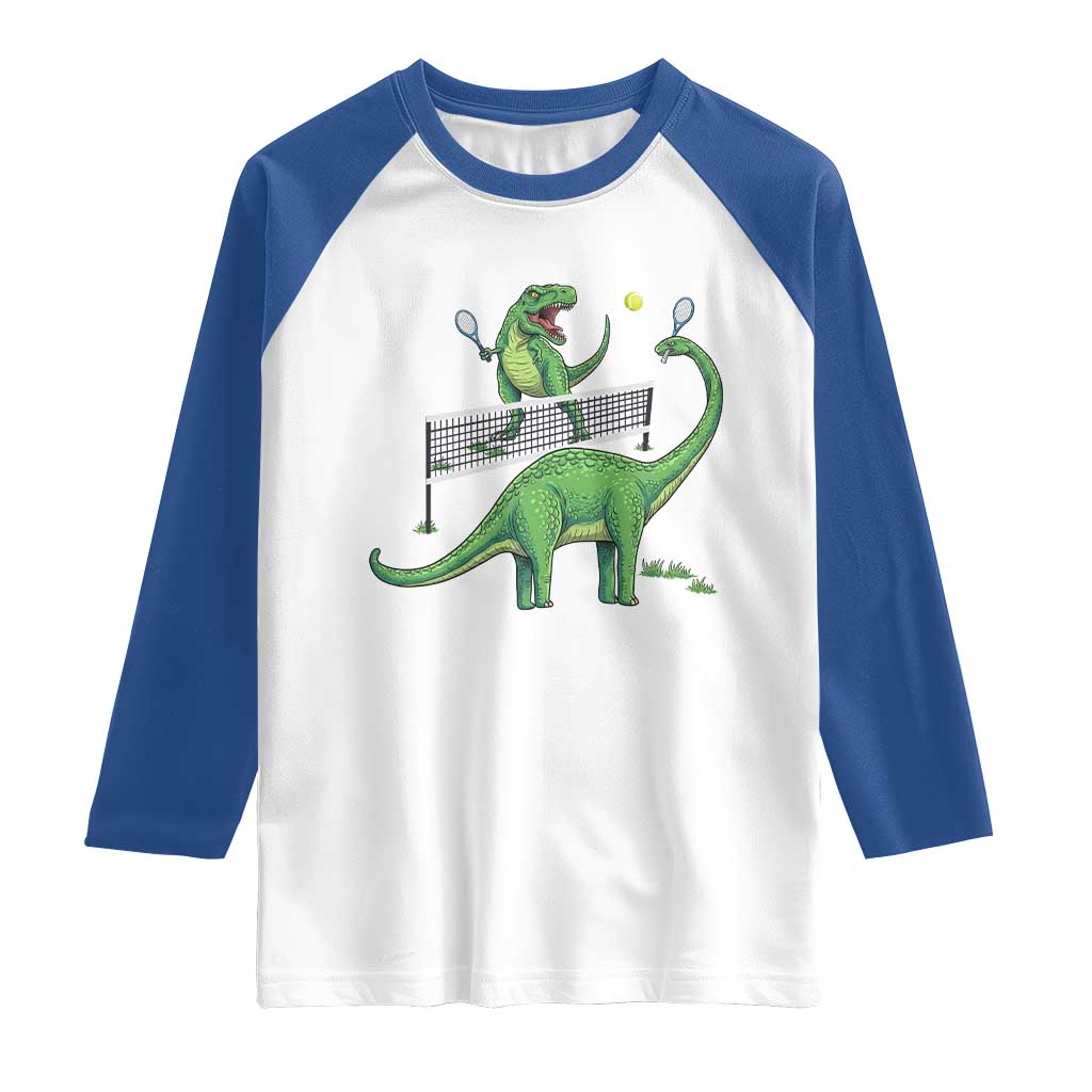 Funny Prehistoric Dinosaur Tennis Player Game Day Raglan Shirt TS12 White Royal Print Your Wear