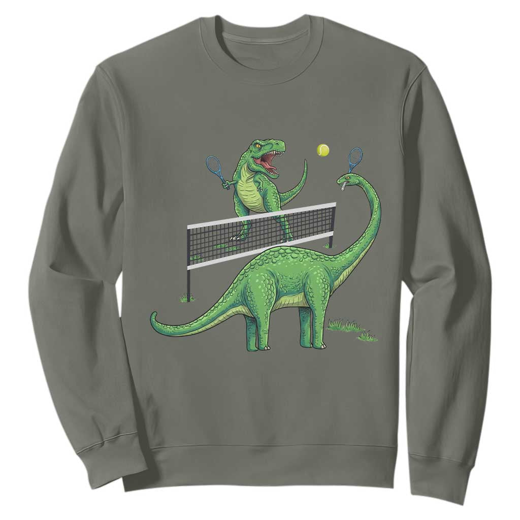 Funny Prehistoric Dinosaur Tennis Player Game Day Sweatshirt TS12 Military Green Print Your Wear