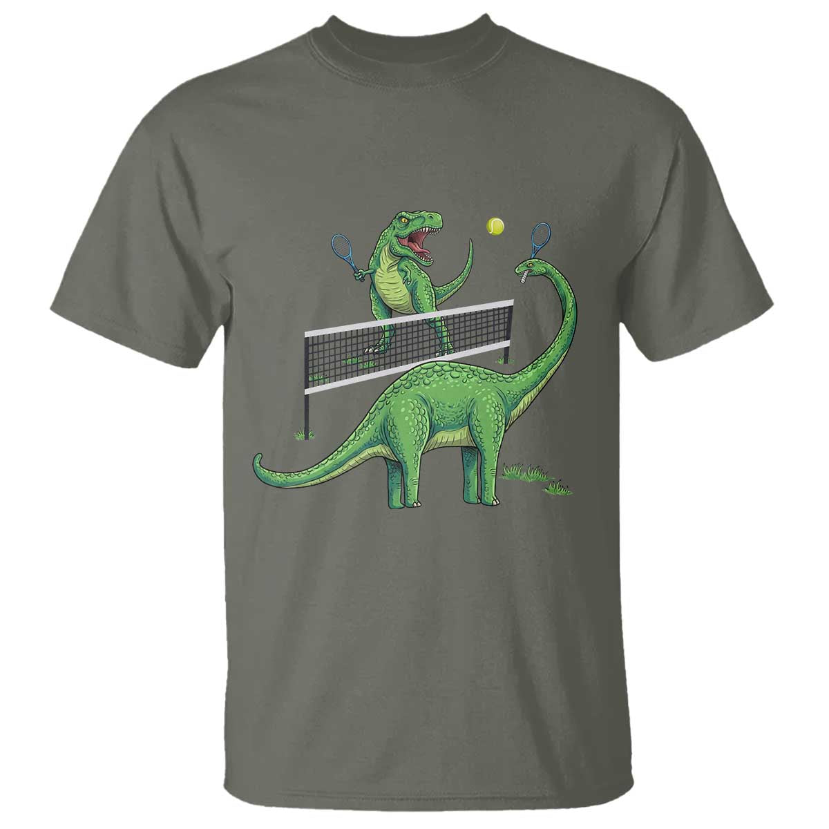 Funny Prehistoric Dinosaur Tennis Player Game Day T Shirt TS12 Military Green Print Your Wear