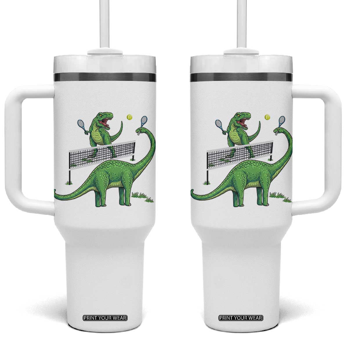 Funny Prehistoric Dinosaur Tennis Player Game Day Tumbler With Handle TS12 One Size: 40 oz White Print Your Wear