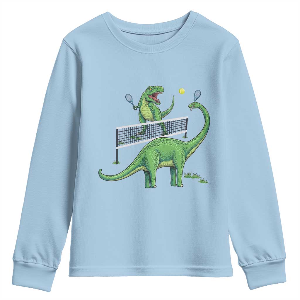 Funny Prehistoric Dinosaur Tennis Player Game Day Youth Sweatshirt TS12 Light Blue Print Your Wear