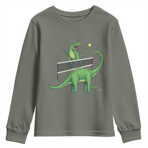 Funny Prehistoric Dinosaur Tennis Player Game Day Youth Sweatshirt TS12 Military Green Print Your Wear