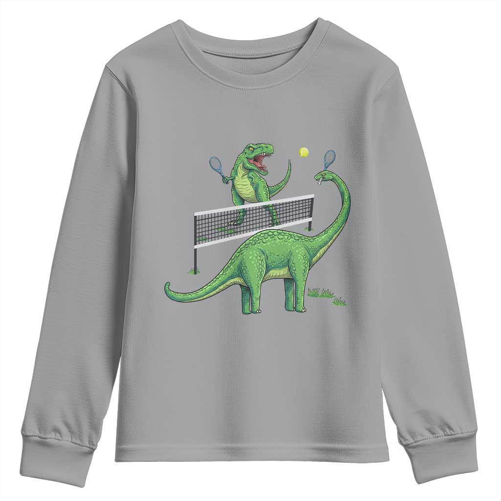 Funny Prehistoric Dinosaur Tennis Player Game Day Youth Sweatshirt TS12 Sport Gray Print Your Wear